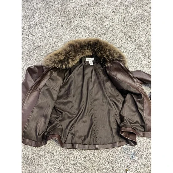 Luxury Women's Genuine Leather Real Fur Collar Jacket Brown Warm Winter Coat Y2K - Picture 9 of 14